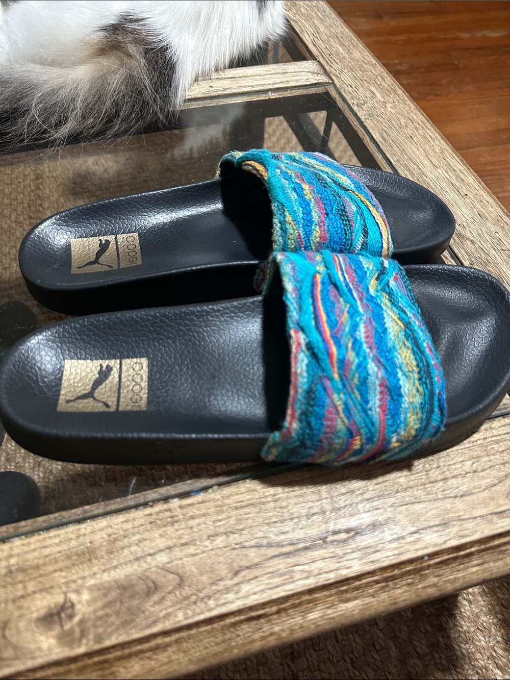 COOGI/Puma Men’s Turquoise Multicolor Woven Slide Sandals with Black Footbed - Picture 2 of 6